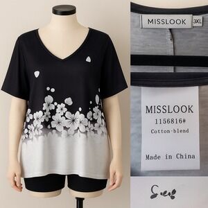 Misslook Women's Plus Size 3XL Floral Ombre V-Neck‎ Top Black White Short Sleeve